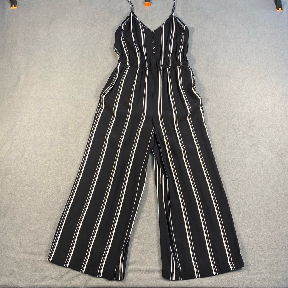 LOFT Women’s Black & White Striped Cami Jumpsuit, elastic waist, side pockets, 2